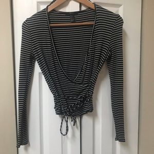 Deep V Striped Crop Top with Tie Belt